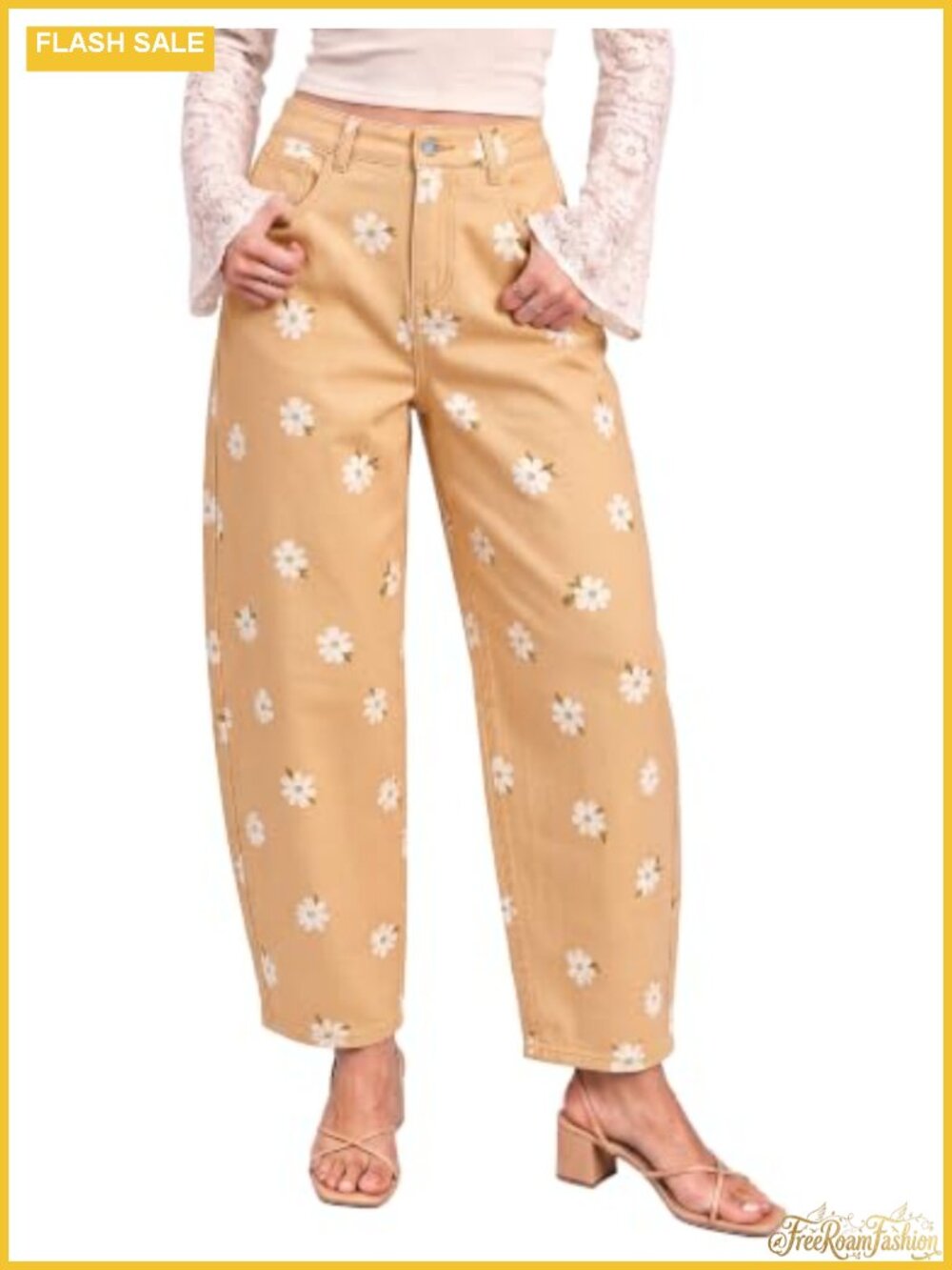 High Rise Barrel Jeans Cropped Floral Denim Stretch